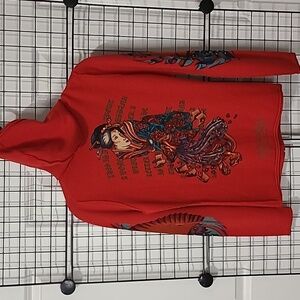 NEW. 100% cashemire Vibrant Red Hoodie with Asian Art.NWOT